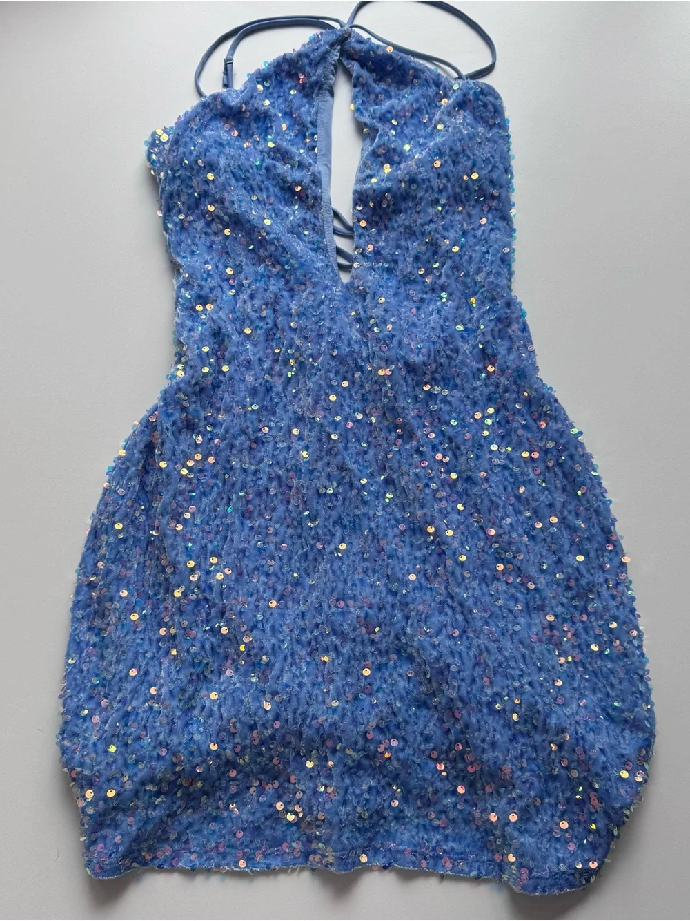 Lucy in the Sky Iridescent Light Blue Sequin Halter mini dress - Picture 3 of 11